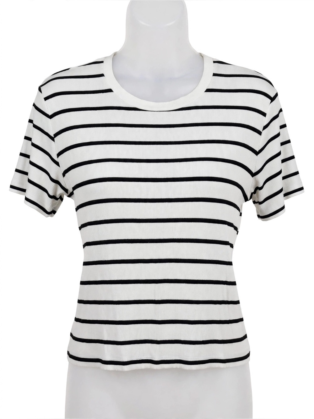 1 State White Tee Black Stripes Womens Juniors Top Medium M EUC